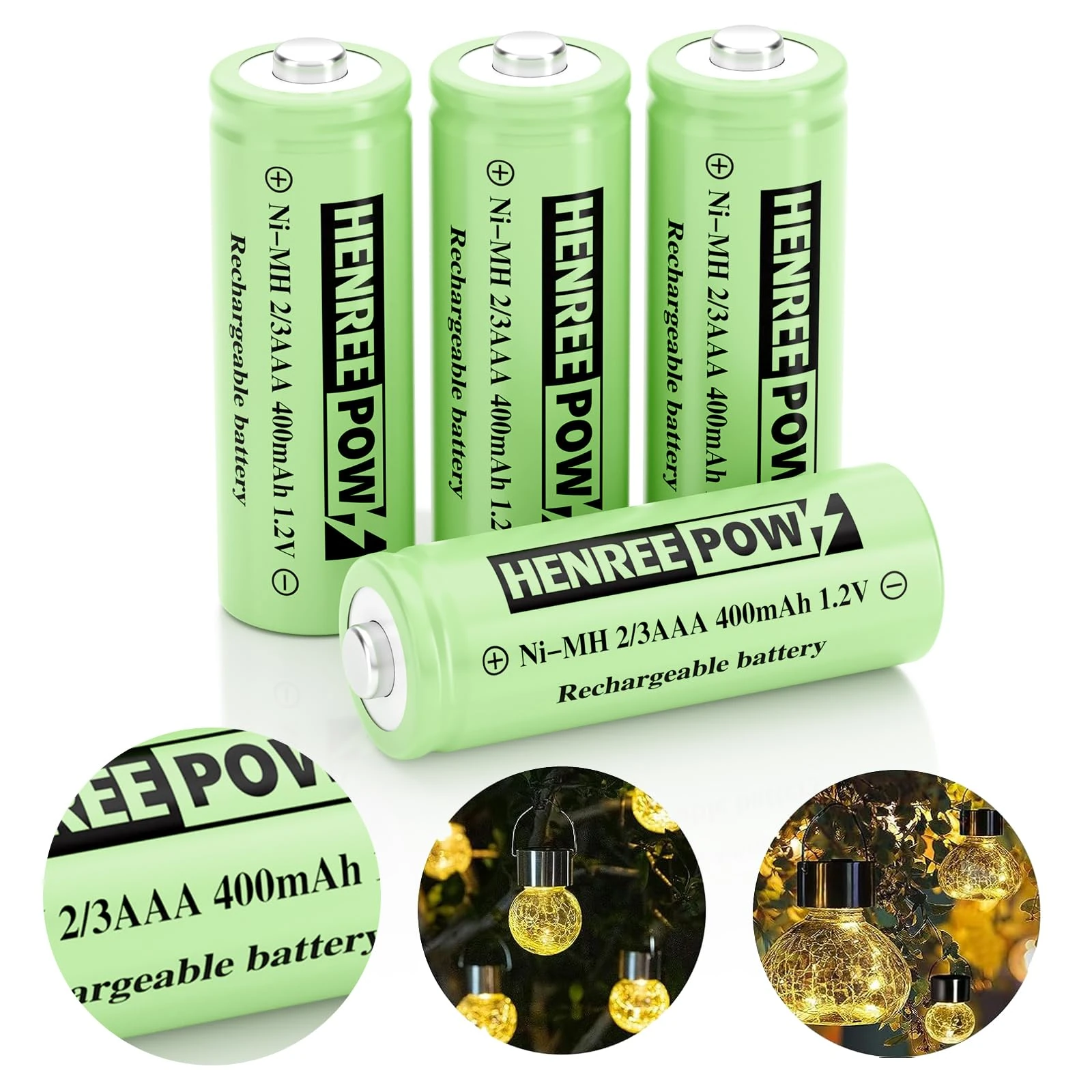 Henreepow 2/3AAA Ni-MH Solar Battery, Ni-MH 2/3AAA 400mAh Rechargeable Battery, 2/3AAA 1.2V Low Self-Discharge Rechargeable Battery 4 Pack for Outdoor Solar Lights (Not AAA Size Batteries)