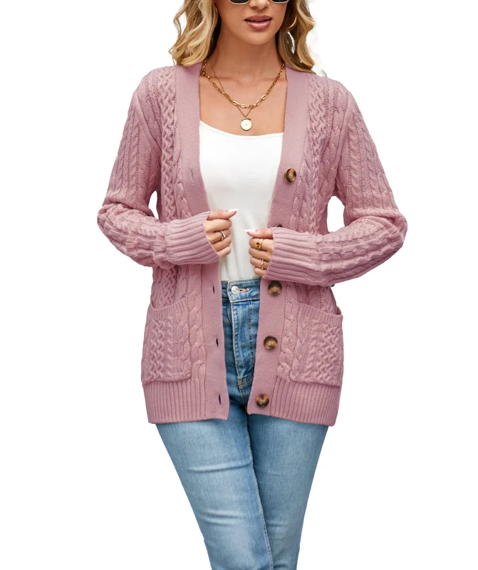 BuyiRen Womens Cardigan Sweaters Cable Knit Sweater 2026 Fall Winter Chunky Open Front Button Down Coats with Pockets, Dusty Pink, UK 14-16