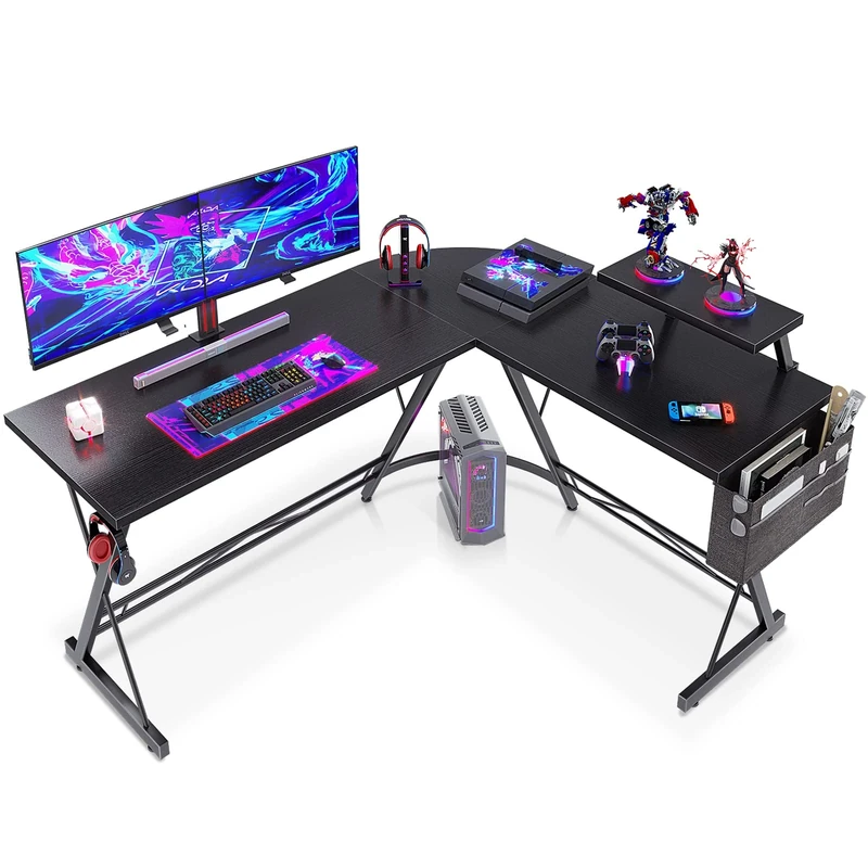 ODK L-Shaped Gaming Desk with Round Corner, Desk with Monitor Stand, Computer Desk for Home Office, L Desks for Writing Workstations (Classic Black Desk, 147 x 120 cm)