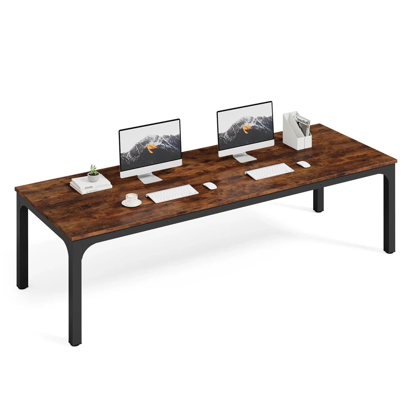 LITTLE TREE Two Person Desk, 78.7 Inches Extra Long Computer Desk, Wooden Large Office Desks with Strong Metal Legs, Double Desk for 2 People, Writing Study Table for Home Office, Brown & Black