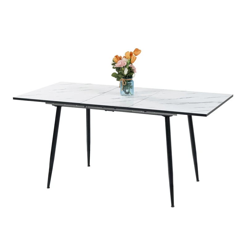 39F Furniture Dream Scandinavian extendable dining table with white marble pattern wooden top and gold metal legs for kitchen, dining room, living room, white, 120-160x80x75 cm