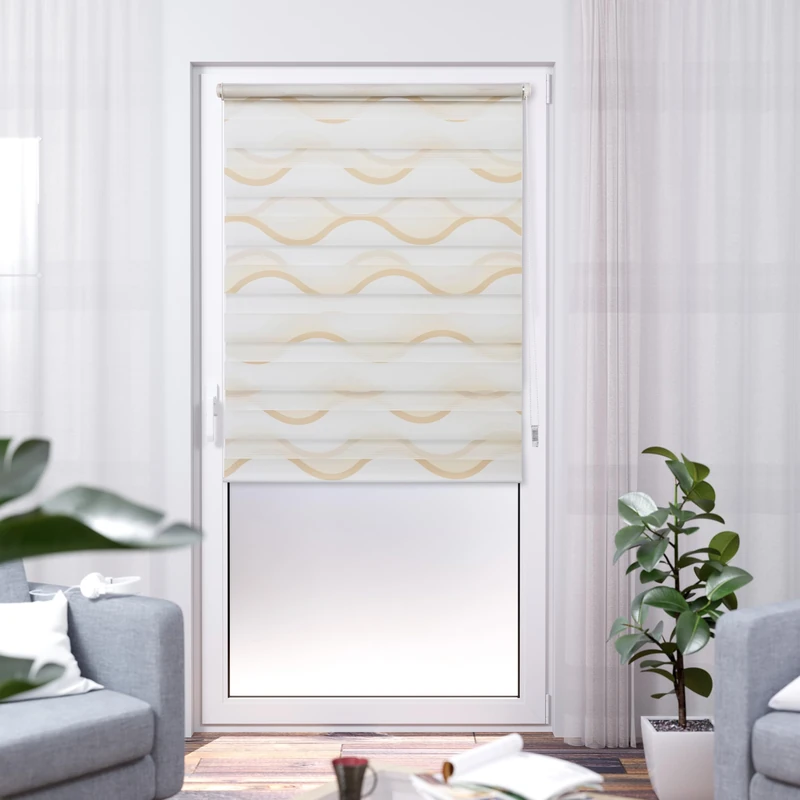 K-home Madrid Klemmfix Double Roller Blind, No Drilling Required, Printed Wave, Beige, 95 x 200 cm (W x L)