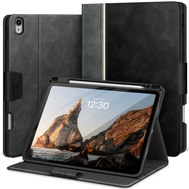 KingBlanc for iPad Air 11-inch Case M3 (2025) / M2 (2024), iPad Air 5th/4th Generation (2022/2020, 10.9") with Pencil Holder, Vegan Leather Stand Cover, Auto Sleep Wake, Viewing/Typing Angle, Black
