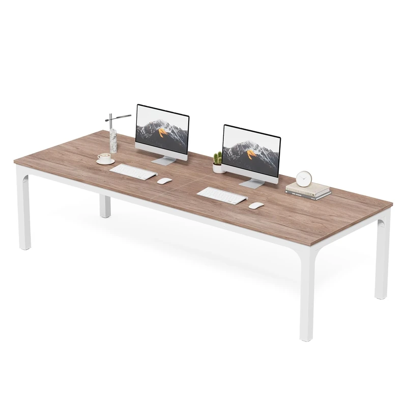 LITTLE TREE Two Person Desk, 78.7 Inches Extra Long Computer Desk, Wooden Large Office Desk with Strong Metal Legs, Double Desks for 2 People, Writing Study Table for Home Office, Oak & White
