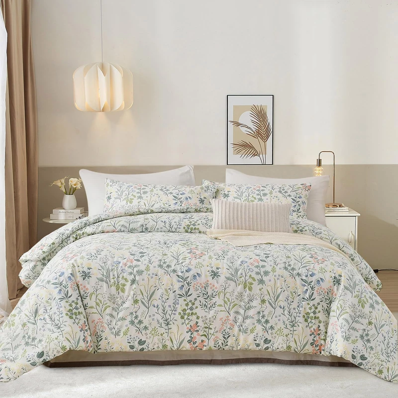EAVD Vintage Botanical Floral Comforter Set Full Soft Microfiber Cute Colorful Floral Leaves Pattern Bedding Set 1 Full Comforter and 2 Pillowcases Fresh Garden Botanical Comforter Set for All-Season