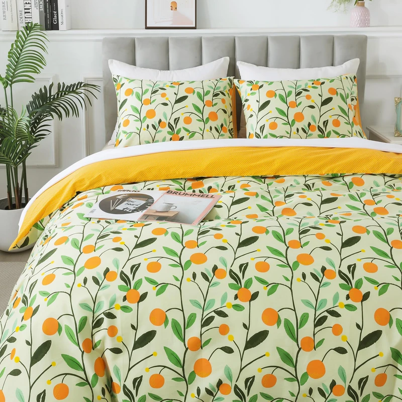 HoneiLife - Queen Size Duvet Cover Set, 3 Pieces, Floral Duvet Cover, Duvet Cover with Closure and Corner Ties, Botanical Fruit Duvet Cover Set