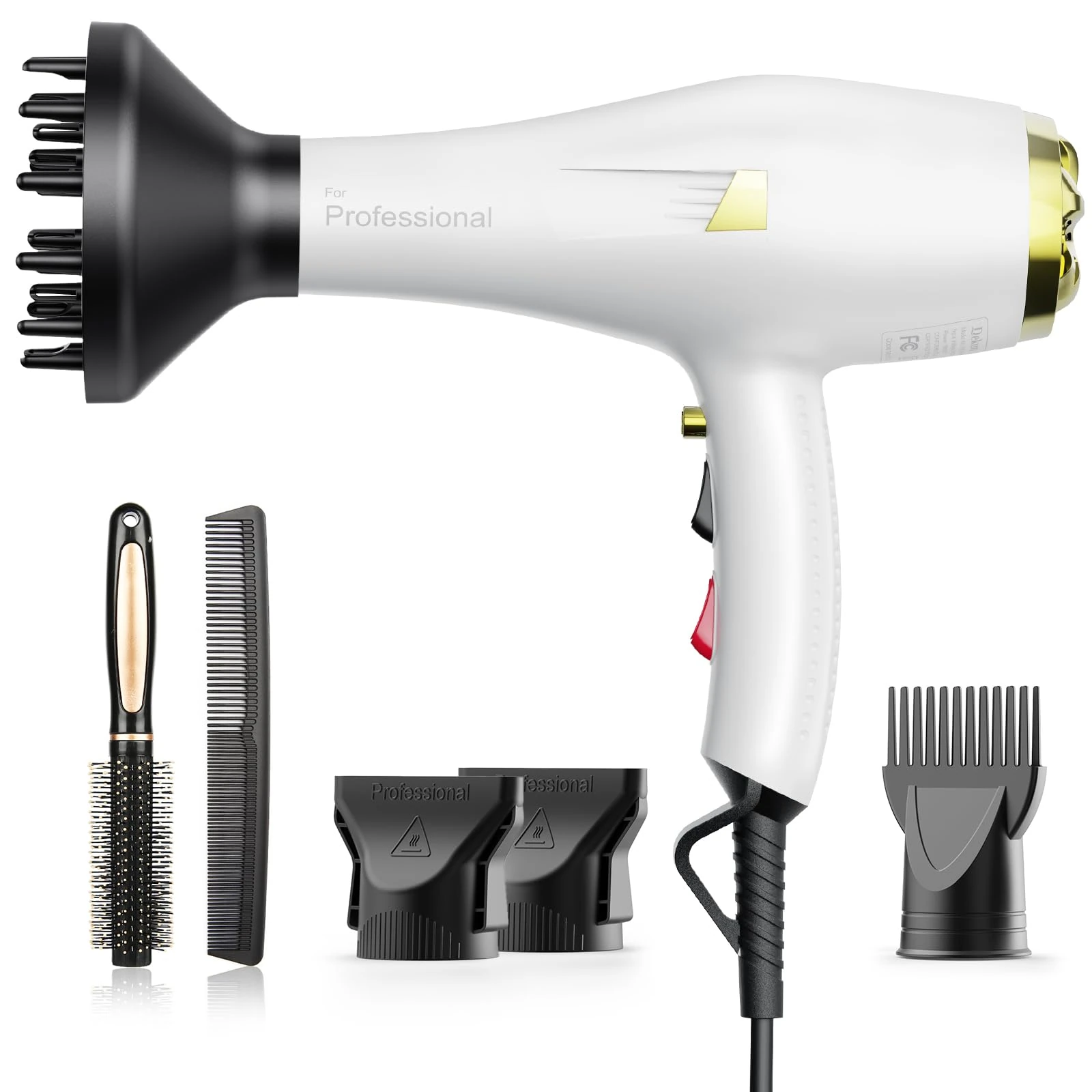 Dekuri Ionic Hair Dryer for Women – Fast Drying, Smooth Finish, with Diffuser & Comb, 2 Speeds 3 Heats, Cool Shot, Professional Hairdryer (Snow White)