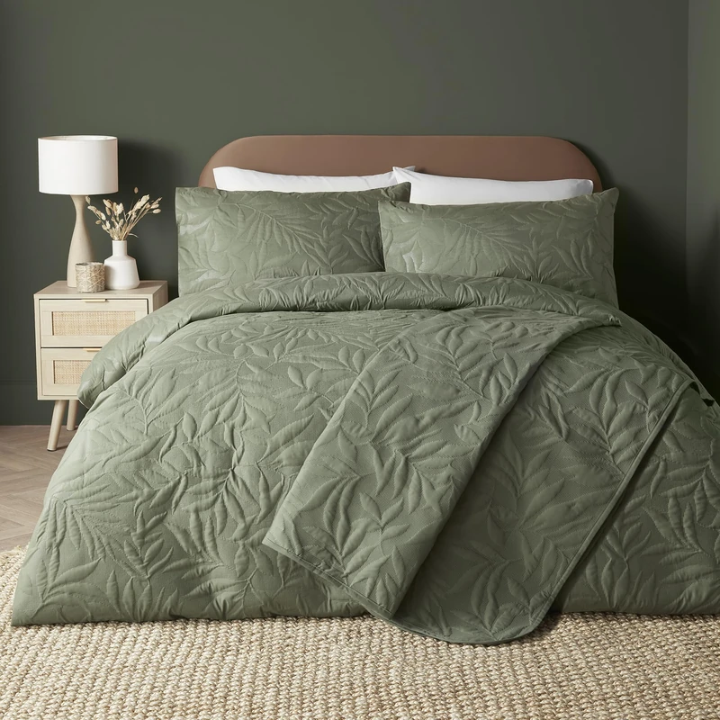 Serene - Khaki Green Leaf Embossed Duvet Cover - Super King Bedding Size (260 x 220cm) - Soft Touch - Leaf/Leaves Embroidery Duvet Cover in Khaki Green - Luxury Bedding Set - Luana Collection - Image 1