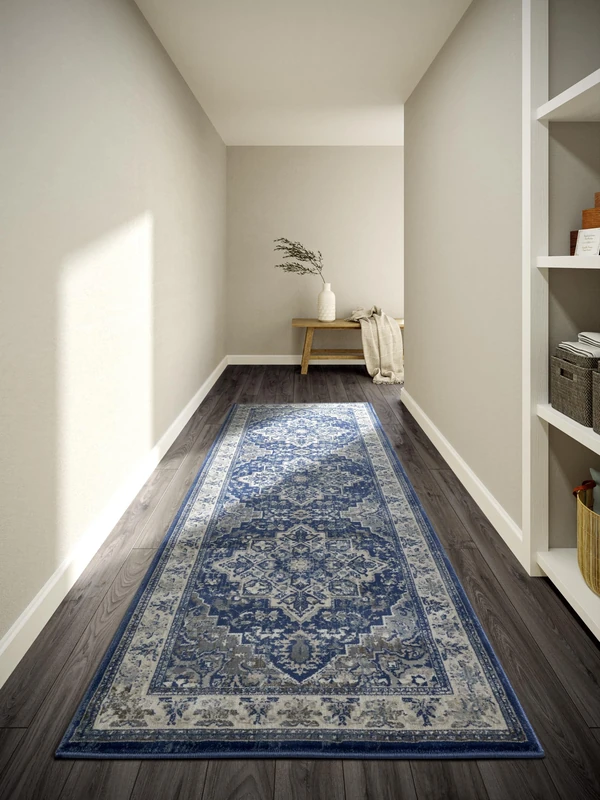 Villeroy & Boch Jehanne Short Pile Rug - Classic Living Room Rug - Traditional Rug for Living Room, Bedroom, Dining Room, Hallway, Kitchen - Blue Cream, 80 x 240 cm - Image 1