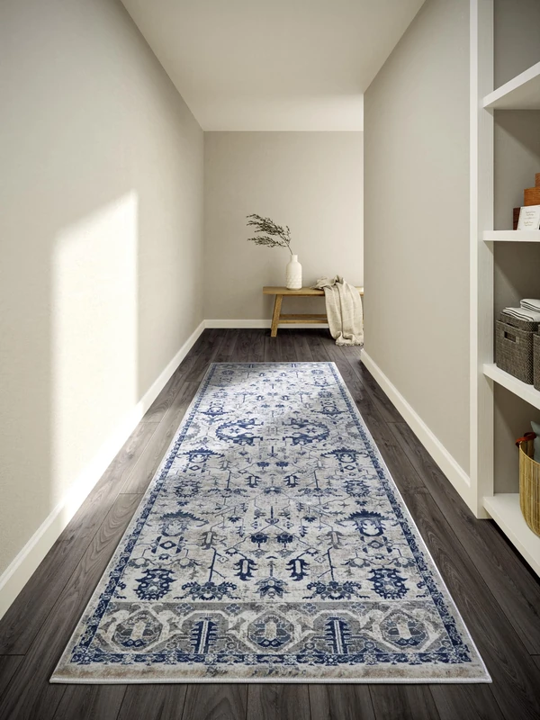 Villeroy & Boch Emmanuel Short Pile Rug - Classic Living Room Rug - Traditional Rug for Living Room, Bedroom, Dining Room, Hallway, Kitchen - Cream Blue, 80 x 240 cm