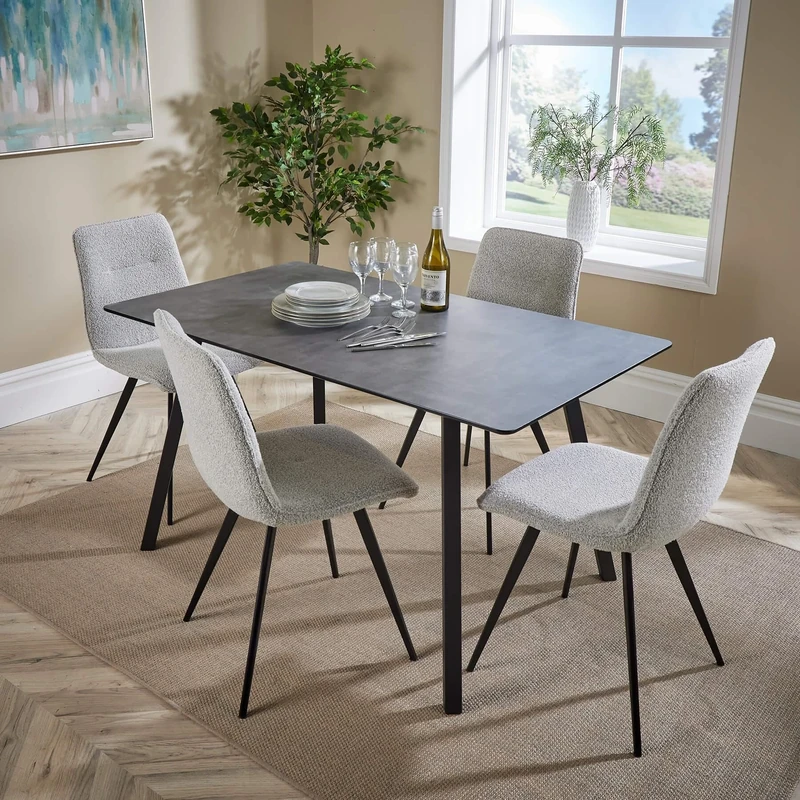 Home Source Kitchen Dining Table Set, Metal Legs, 4 Boucle Moulded Chairs, 140cm Black Table