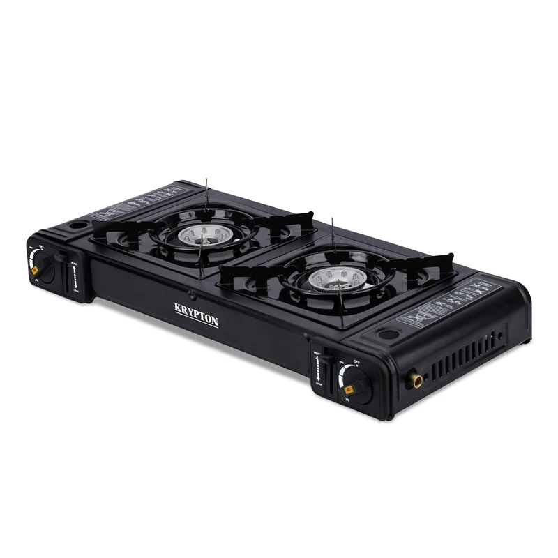Krypton Portable Gas Stove Double Burner - Stainless Steel Top, Dual Safety Valve, Over-Pressure Protection | Camping Stove Die-Cast Aluminium Burner Butane Gas - Outdoor and Indoor