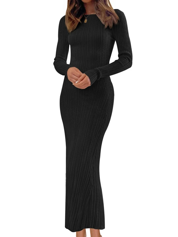 Merokeety Women's 2025 Long Sleeve Bodycon Sweater Dress Fall Crew Neck Ribbed Knit Maxi Dresses, Black, M