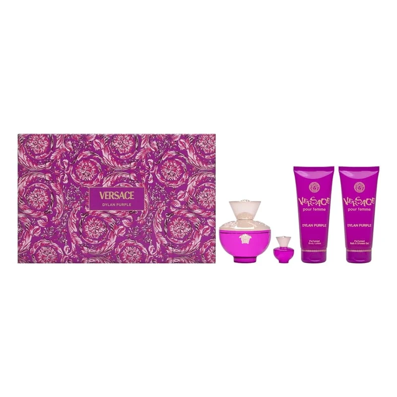 Dylan Purple by Versace for Women - 4 Pc Gift Set: 3.4oz EDP Spray, 0.17oz EDP Spray Mini, Shower Gel, Body Lotion
