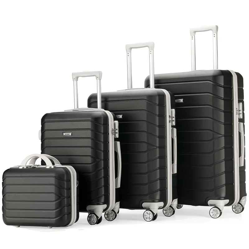 PROVITERA Set of 4 Hard ABS Suitcases with Beauty Case, Suitcase with Telescopic Handle and Easy Roll Wheels, Trolley with Lock and Code Lock, Hand Luggage Modern Design, Black, 50 x 28.5 x 75 cm,