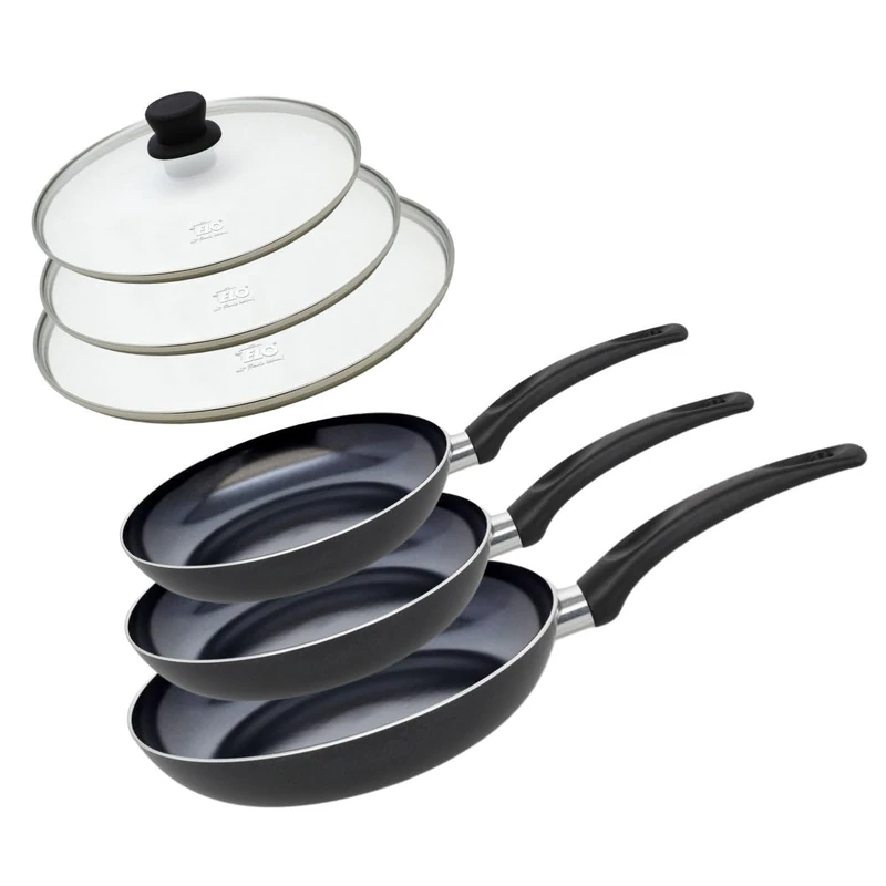 Elo 9808050 Set of 3 Aluminium Frying Pans and 3 Glass Cooking Lids, Frying Pan for All Heat Sources Except Induction, Frying Pan, Pfas-Free Pan, Aluminium, Stainless Steel, Glass, Plastic, 32 x 5 cm