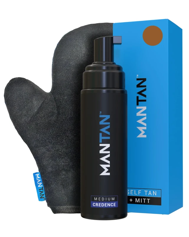 Men's Self-Tan 200ml Medium Mousse with Mitt, Scented with Credence By MANTAN