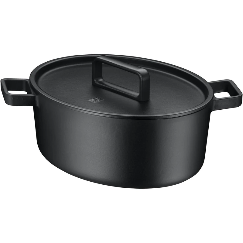 WMF Flavour Oval Casserole Dish 34 x 28 cm, Cast Iron Induction, Cast Iron Cookware, Enamelled, Cast Iron Pot, Cast Iron Lid, Casserole Pot, Lid with Condensation Nubs, Modern Elegance, Black