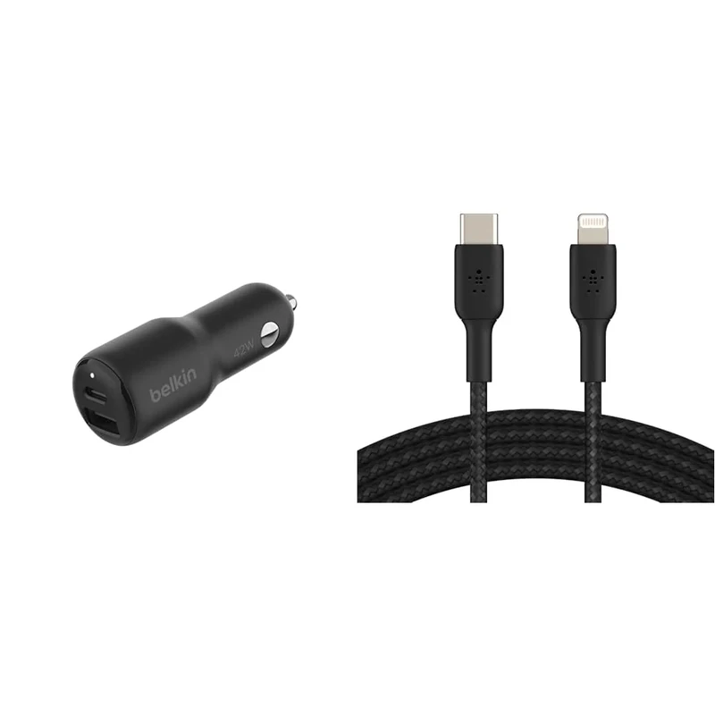 Belkin Premuim Car Bundle(42W Dual Port Fast Car Charger & USB-C to Lightning 1m charging cable)