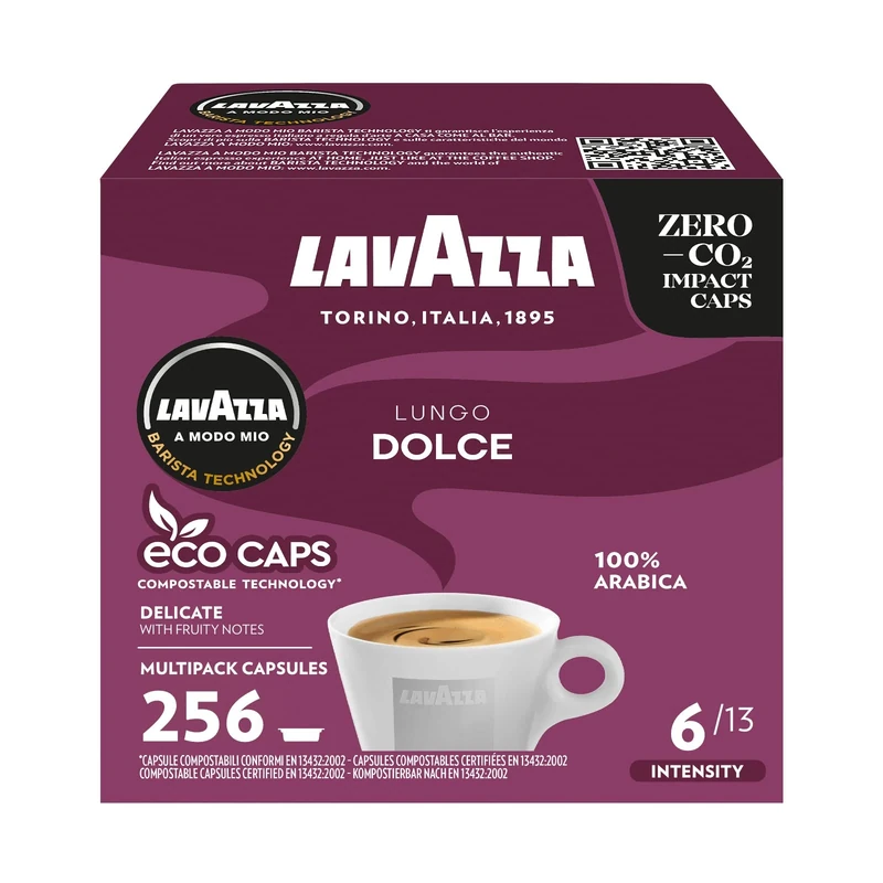 Lavazza A Modo Mio Lungo Dolce, 256 Coffee Capsules, with Aromatic Notes of Dried Fruits, for a Sweet Espresso, 100% Arabica, Intensity 6/13, Medium Roasting, 16 Packs of 16 Coffee Pods
