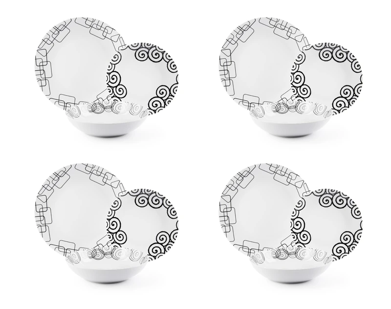 Excelsa Magic Black 12-Piece Dinner Set, Porcelain, Set of 4, Black and White