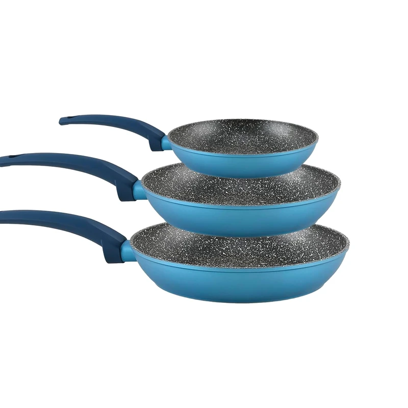 Set of 3 Blue Non-Stick Aluminium Frying Pans with Induction Base, Ideal for Optimal Heat Distribution – Three Sizes 18 – 22 – 26 cm for Cooking Different Dishes – Dishwasher Safe