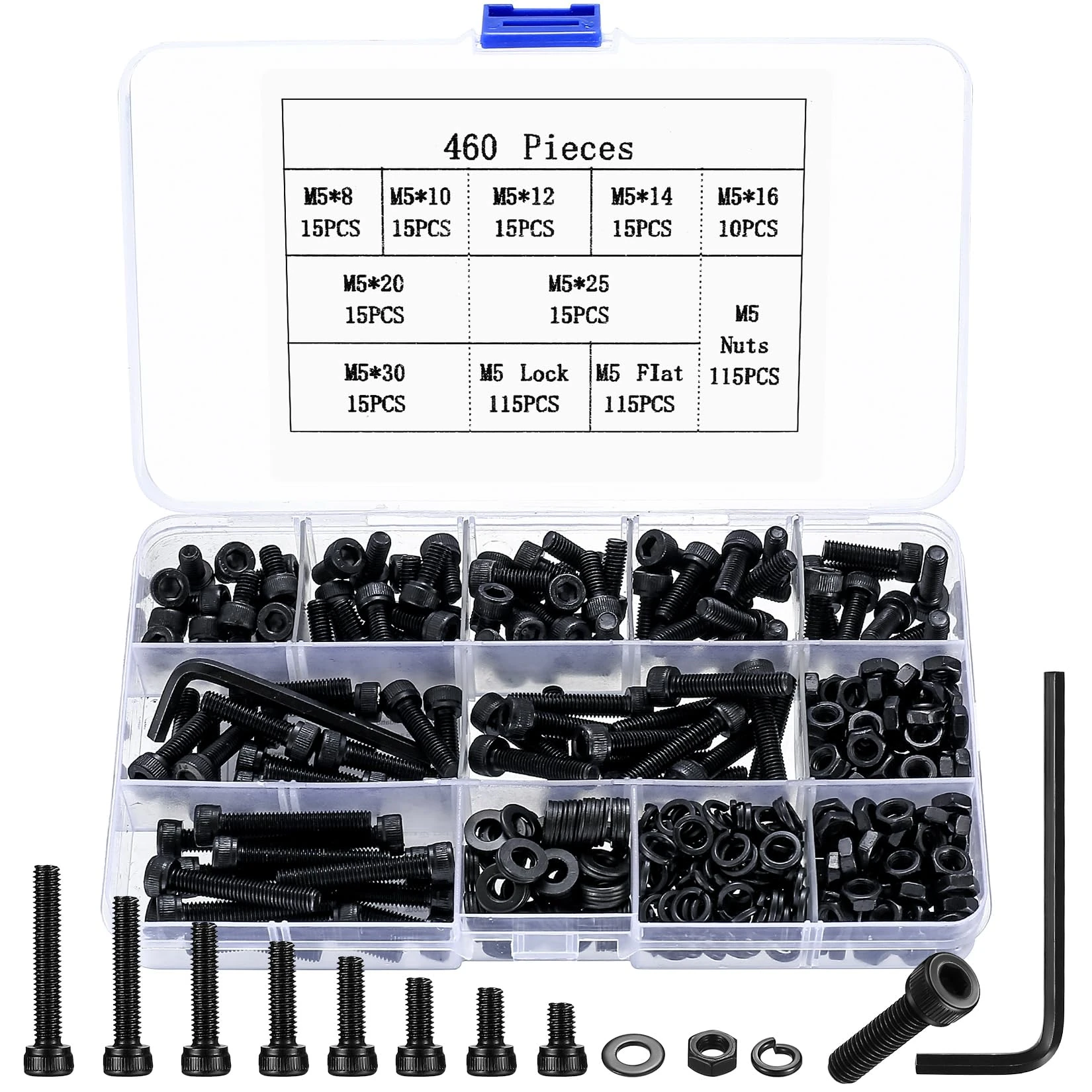 460 Pcs M5 Bolts and Nuts Set, Hex Socket Head Cap Screws Bolts and Nuts Set, M5 Black Machine Screws Assortment, Hex Nuts and Bolts Set with Washers Kit for Home Bicycle Repair