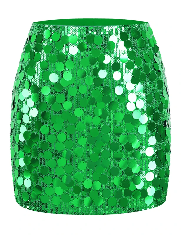 MANER Women's Sequin Skirt Sparkle Stretchy Bodycon Mini Skirts Night Out Party, Big Green, L
