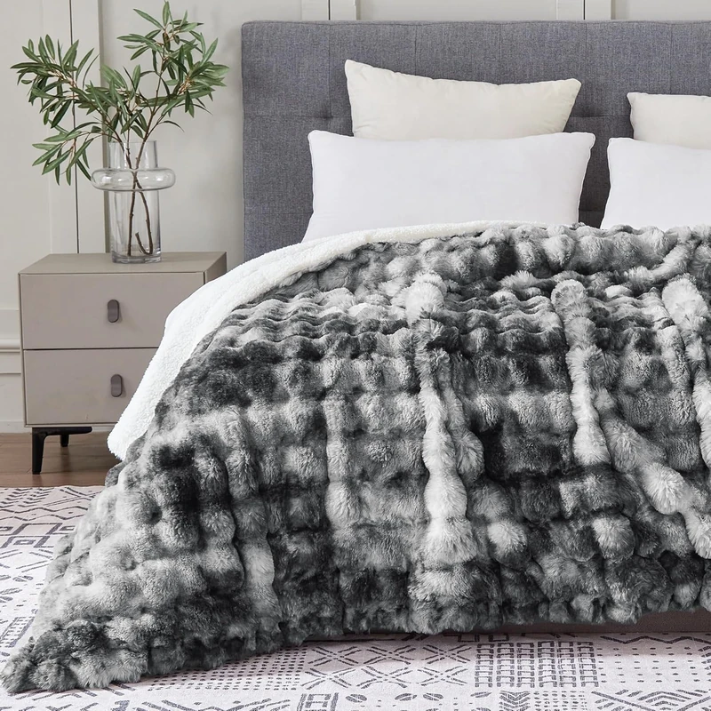 Serenhom 60x80 Inches Ultra-Soft Fuzzy Faux Fur Plush Twin Size Blanket - Thick, Warm Sherpa for Couch, Sofa, Bedroom, Camping - Decorative Blanket for Cozy Warmth, Bubble Light Grey Tie Dye