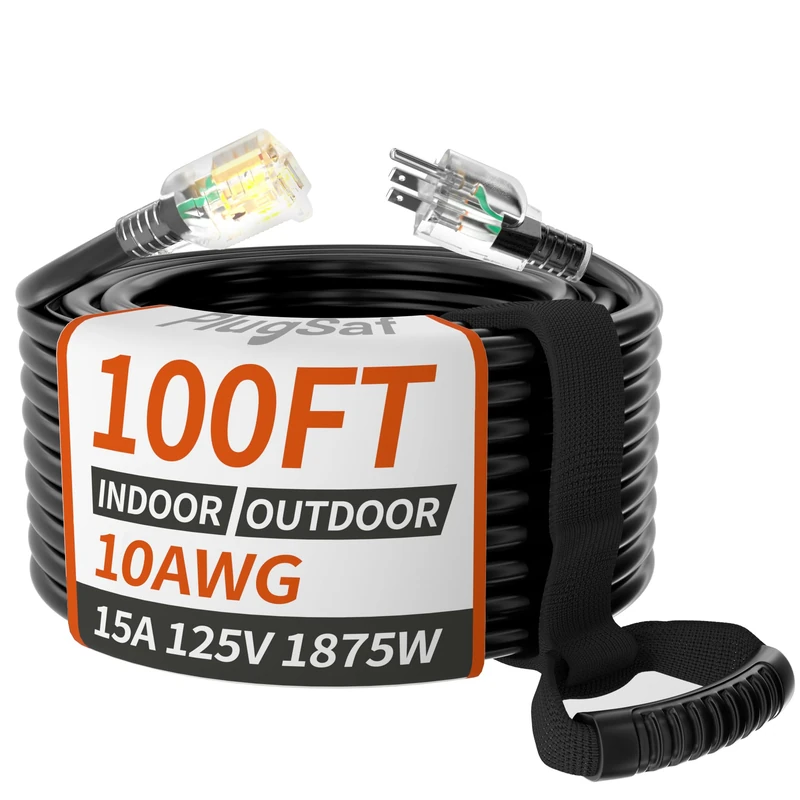 10/3 Gauge 30M Outdoor Waterproof Extension Cable with Illuminated Indicator SJTW Heavy Duty 15A 1875W 3 Pin Flexible Copper Black with