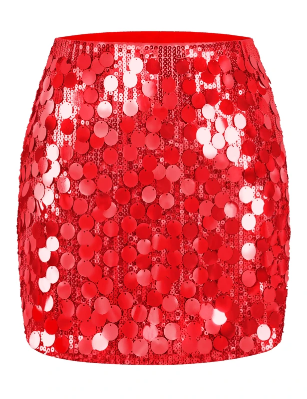 MANER Women's Sequin Skirt Sparkle Stretchy Bodycon Mini Skirts Night Out Party, Big Red, L