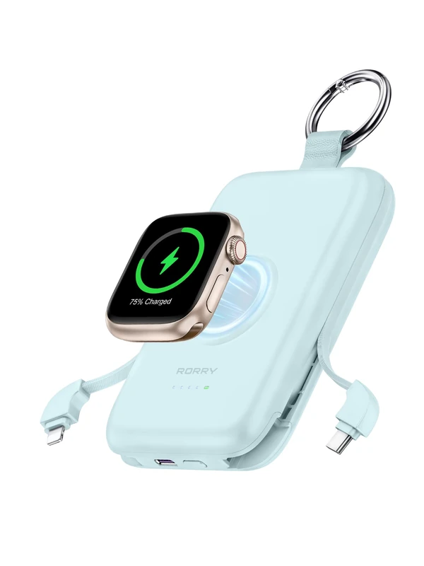 RORRY Portable Charger, 10000mAh PD 20W Fast Charging Portable Charger Power Bank with Built in Cables, Travel Battery Pack for iPhone 17/16/15/14/13/12 and Apple Watch Ultra/11/10/9/8/7/6/5, Blue