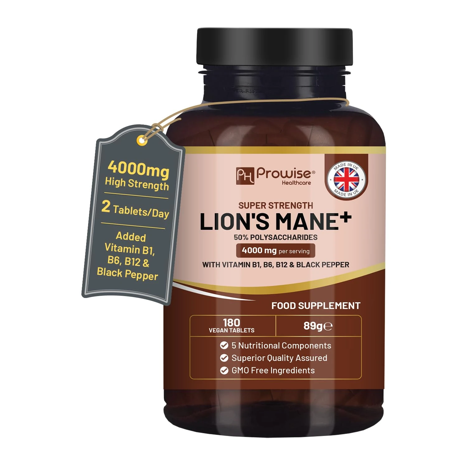 Lions Mane Mushroom Supplement 4000mg with Vitamin B1, B6, B12 & Black Pepper - 180 Super Strength Vegan Tablets with 50% Polysaccharides (Not Powder or Capsules) | Made in The UK by Prowise