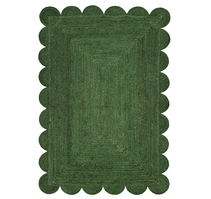 Gautam International Scallop Jute Area Rug Boho Jute Rug Scalloped Coastal Rug, Palm Green 3'x5'