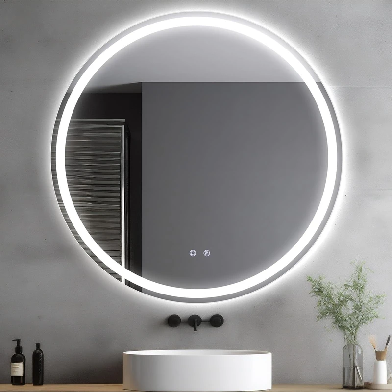Clevich Round Bathroom Mirror with LED Lights 60x60/80x80cm, Anti-Fog, Circle Wall Mounted Bathroom Vanity Mirror with Memory, 3 Colour Dimmable, Explosion-Proof Glass, IP44 Waterproof (60L × 60W cm)