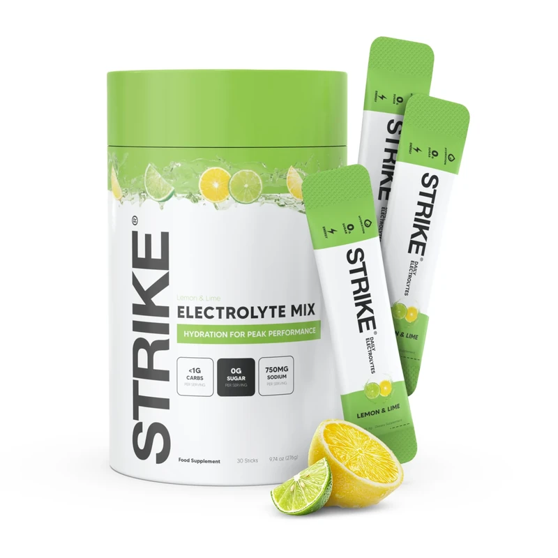 Strike Electrolytes | Zero Sugar Hydration Sachets with Sodium, Magnesium, Vitamin C & Trace Minerals | Vegan, Keto, Gluten-Free | Daily Electrolytes Powder (30 Sachets, Lemon Lime)