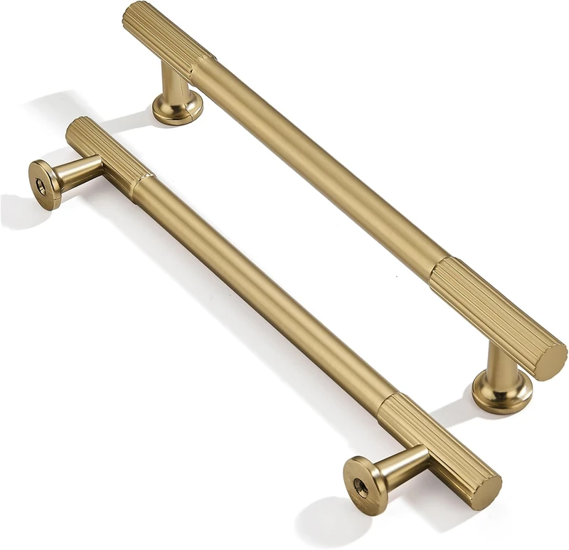 khtumeware 6 Inch Hole Center 10 Pack Brushed Brass Heavy Duty Solid Warm Brass Cabinet Pulls, Kitchen Drawer Handles, for Dresser cabinets, cabinets