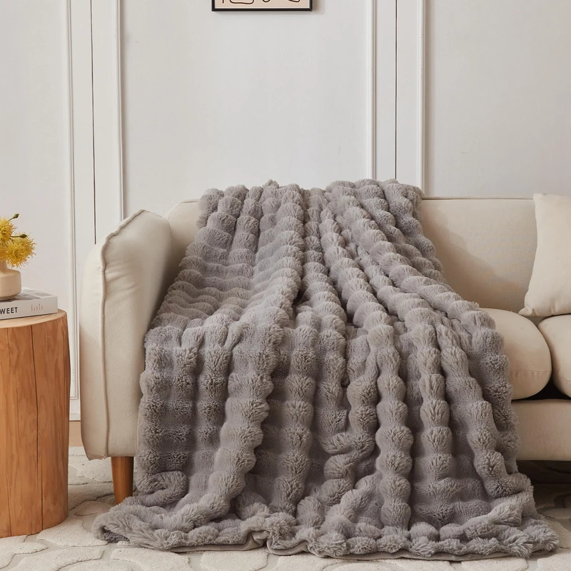 COOVA Faux Fur Throw Blanket for Couch, Cozy Soft and Fuzzy Plush Rabbit Fur Bubble Blanket for Sofa Bedroom Living Room, 60x80 Inches Grey