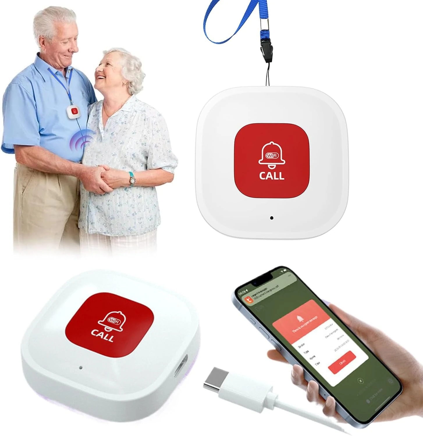 Tuya Wifi Smart Personal Alarms for Elderly Panic Button Linked To Phone Wireless Nurse Alert System 1 Rechargable Call Button, only Supports 2.4GHz Wi-Fi, NO FEES