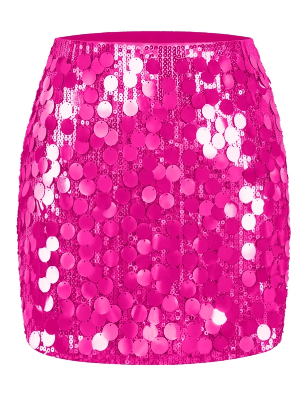 MANER Women's Sequin Skirt Sparkle Stretchy Bodycon Mini Skirts Night Out Party, Big Hot Pink, L