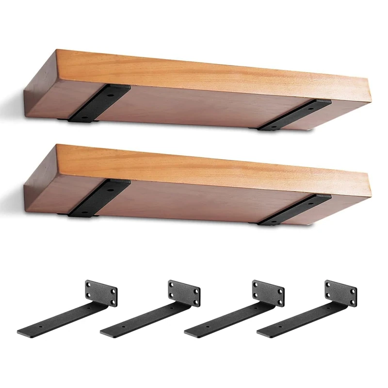 MIUGO Heavy Duty Shelf Bracket 4 Pack, Floating Shelf Brackets 6 inch Long, Brackets for Shelves, Black Coated Metal Wall Shelf Support Brackets（1/5"-Thick）