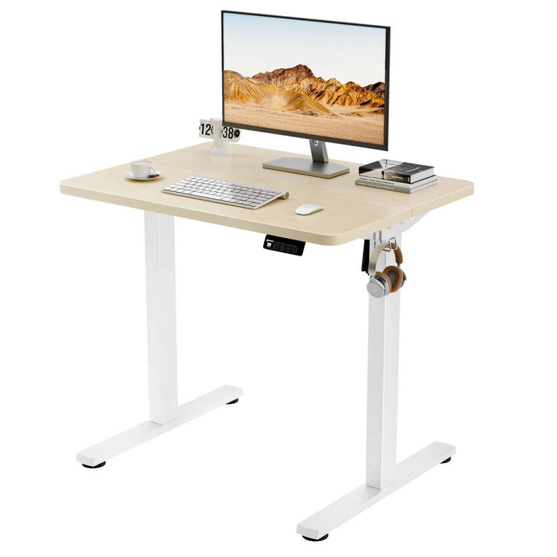 ERGOMAKER Electric Small Standing Desk 80x60cm Height Adjustable Desk, Sit Stand Desk with Memory Handse and Hooks, for Home Office (White Frame + Gold Oak Desktop)