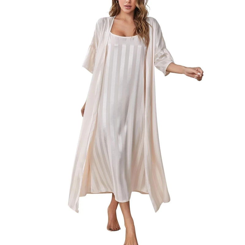 Women's Satin Silky Cami Nightgown with Robe Set 2 Piece Sleepwear Sexy Nightgown Striped Kimonos nightdress,Champagne,S