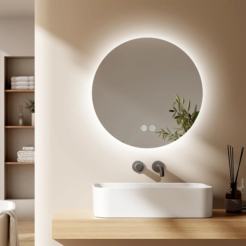 EMKE 600x600mm Round Bathroom Led Mirror, Illuminated Backlit Wall Mounted Vanity Mirror with Bluetooth, Defogging, Brightness Adjustment, Smart Circle Mirror for Bathroom