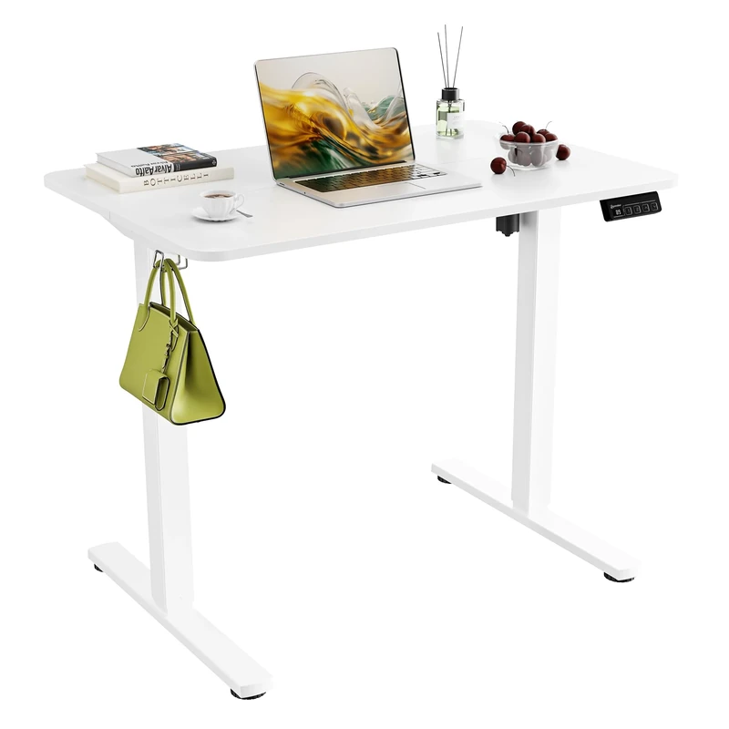 ERGOMAKER Electric Standing Desk 90x60cm, Height Adjustable Sit Stand Desk with Memory Handset Hooks for Home Office (White)