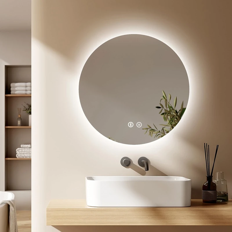 EMKE 600x600mm Round Bathroom Led Mirror, Illuminated Backlit Wall Mounted Vanity Mirror with Bluetooth, Defogging, Brightness Adjustment, Smart Circle Mirror for Bathroom