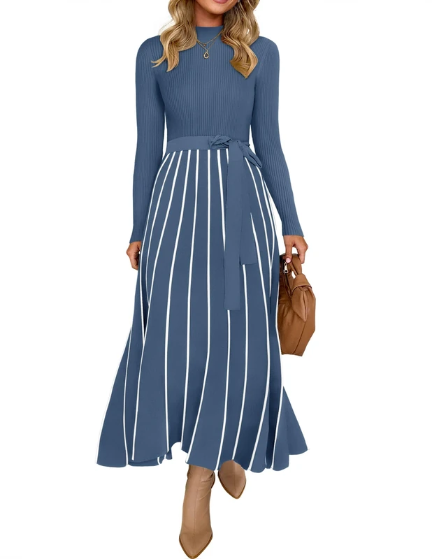 ZESICA Womens 2025 Fall Turtleneck Long Sleeve Sweater Dress Tie Waist Casual Loose Ribbed Knit A Line Midi Dresses, Dusty Blue, L