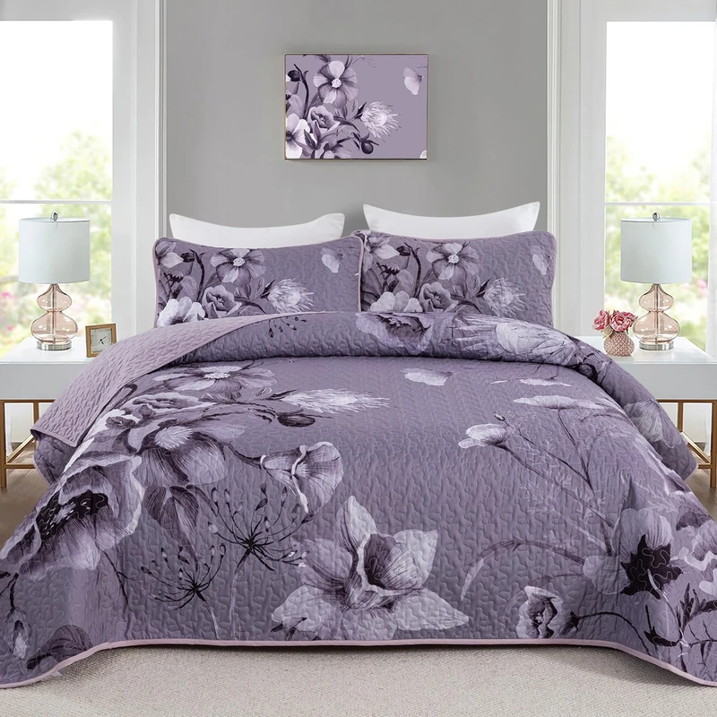 Drucon Floral Quilt Set King Size Bedding Set 3 Pieces Dark Purple Boho Floral Quilt Bedspread Soft Microfiber Lightweight Flower Coverlet Set with 2 Pillow Shams for All Season 90"x104"