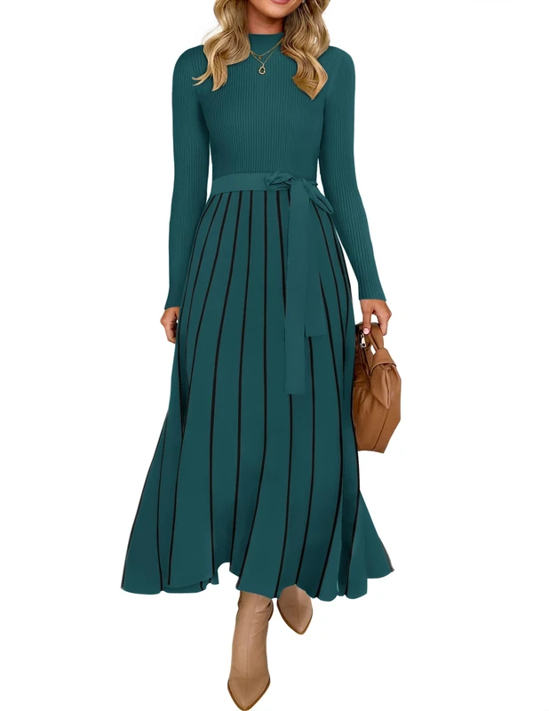 ZESICA Womens 2025 Fall Turtleneck Long Sleeve Sweater Dress Tie Waist Casual Loose Ribbed Knit A Line Midi Dresses, Teal, L