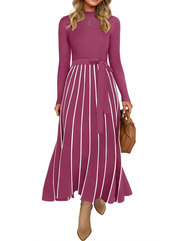 ZESICA Womens 2025 Fall Turtleneck Long Sleeve Sweater Dress Tie Waist Casual Loose Ribbed Knit A Line Midi Dresses, Eggplant, S
